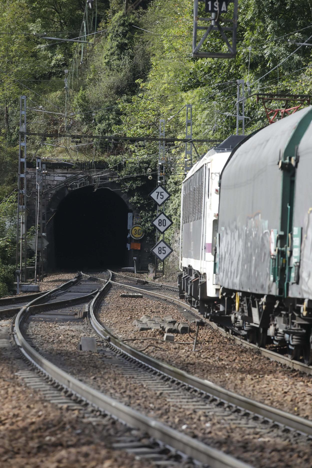 Un tren de mercancías, ayer, al inicio de la rampa de Pajares. 