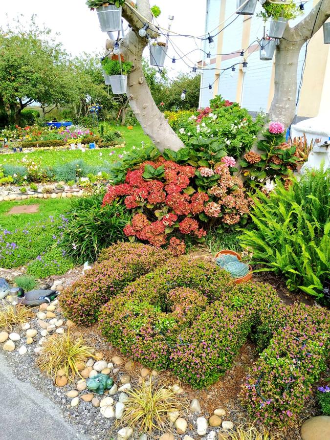 Miguel Busto comenzó a diseñar su jardín potencial, sito en Corvera, de 2.335 m2 y a trazar parterres alejados de modismos, con una tendencia orgánica, hermoseándolos con rocalla, algo de cantería y pasillos de grijo.