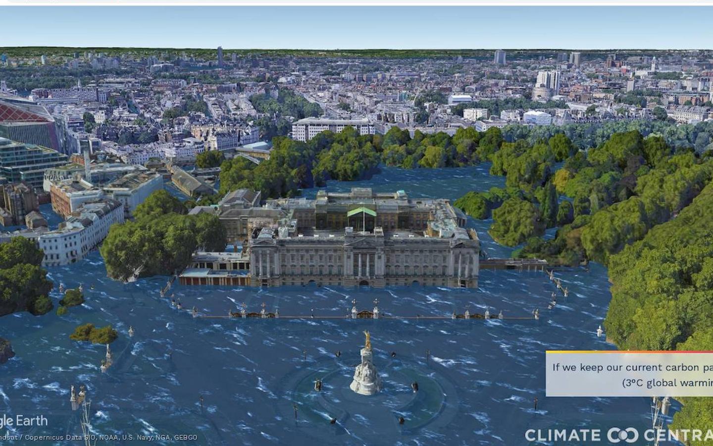 Climate Central publica una serie de ilustraciones fotorrealistas de 50 ciudades con las consecuencias del calentamiento global durante varios siglos si no se frena el cambio climático. Buckingham Palace (Londres)