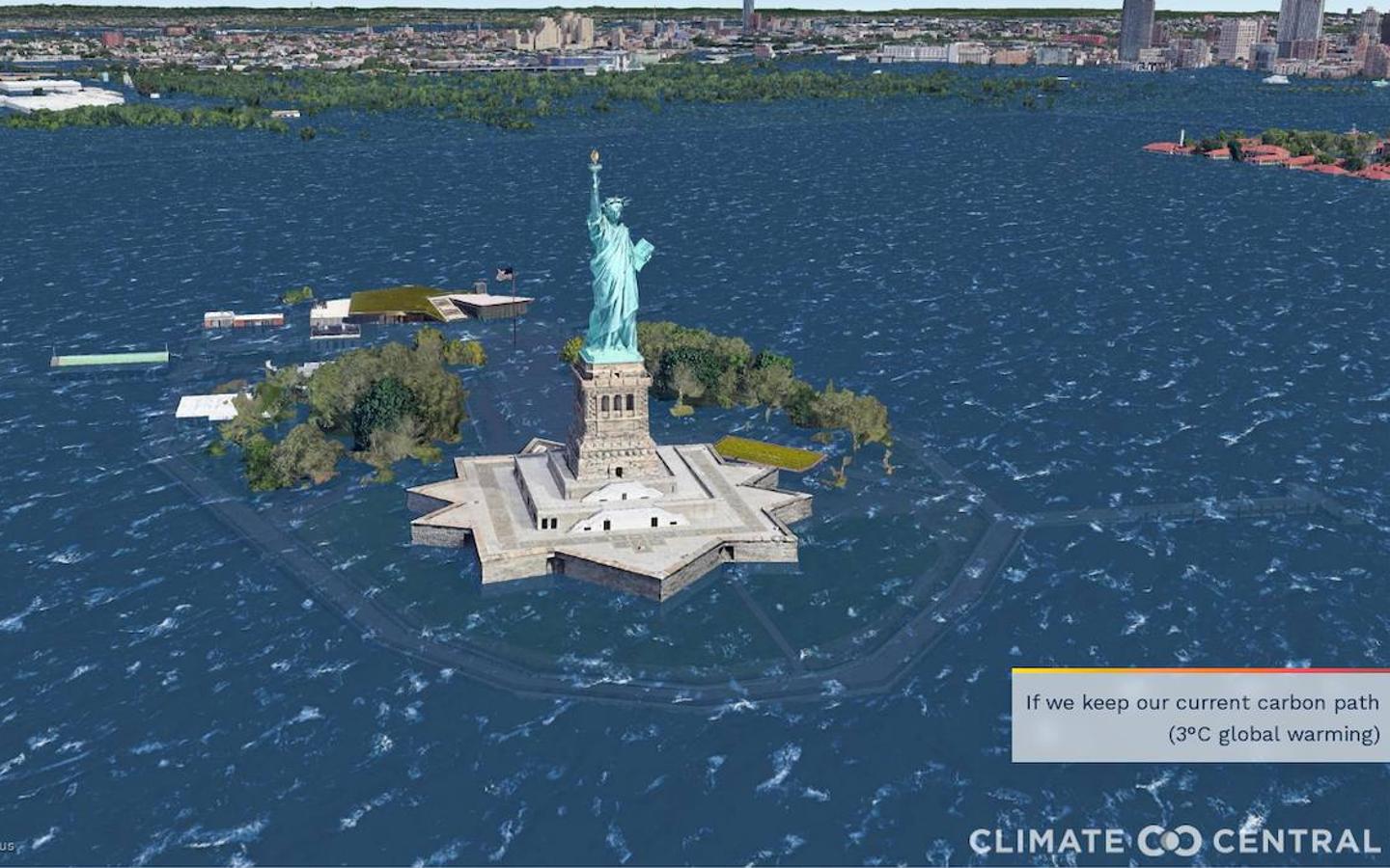 Climate Central publica una serie de ilustraciones fotorrealistas de 50 ciudades con las consecuencias del calentamiento global durante varios siglos si no se frena el cambio climático. La Estatua de la Libertad (Nueva York)