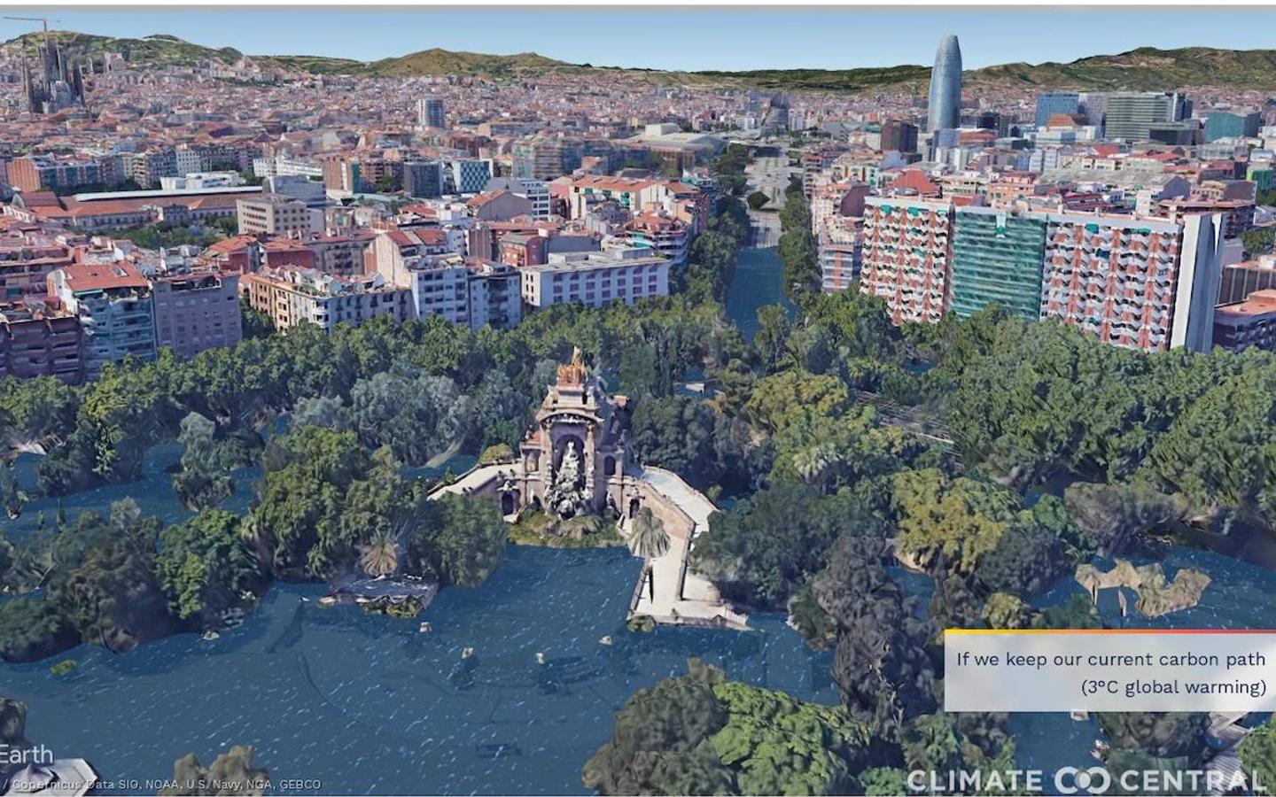 Climate Central publica una serie de ilustraciones fotorrealistas de 50 ciudades con las consecuencias del calentamiento global durante varios siglos si no se frena el cambio climático. Parc de la Ciudatella (Barcelona)