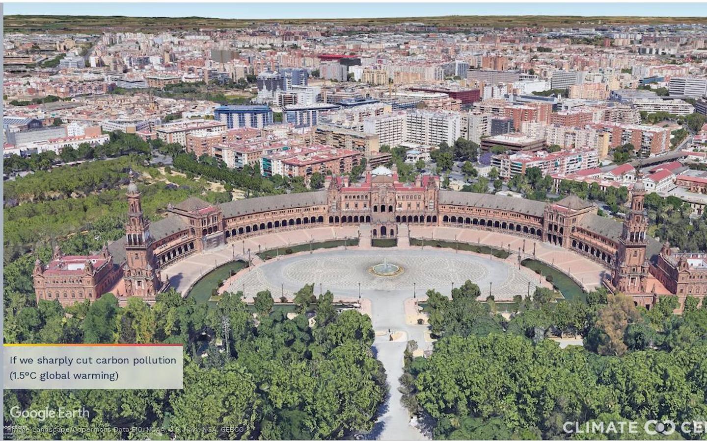 Climate Central publica una serie de ilustraciones fotorrealistas de 50 ciudades con las consecuencias del calentamiento global durante varios siglos si no se frena el cambio climático. Plaza de España (Sevilla)