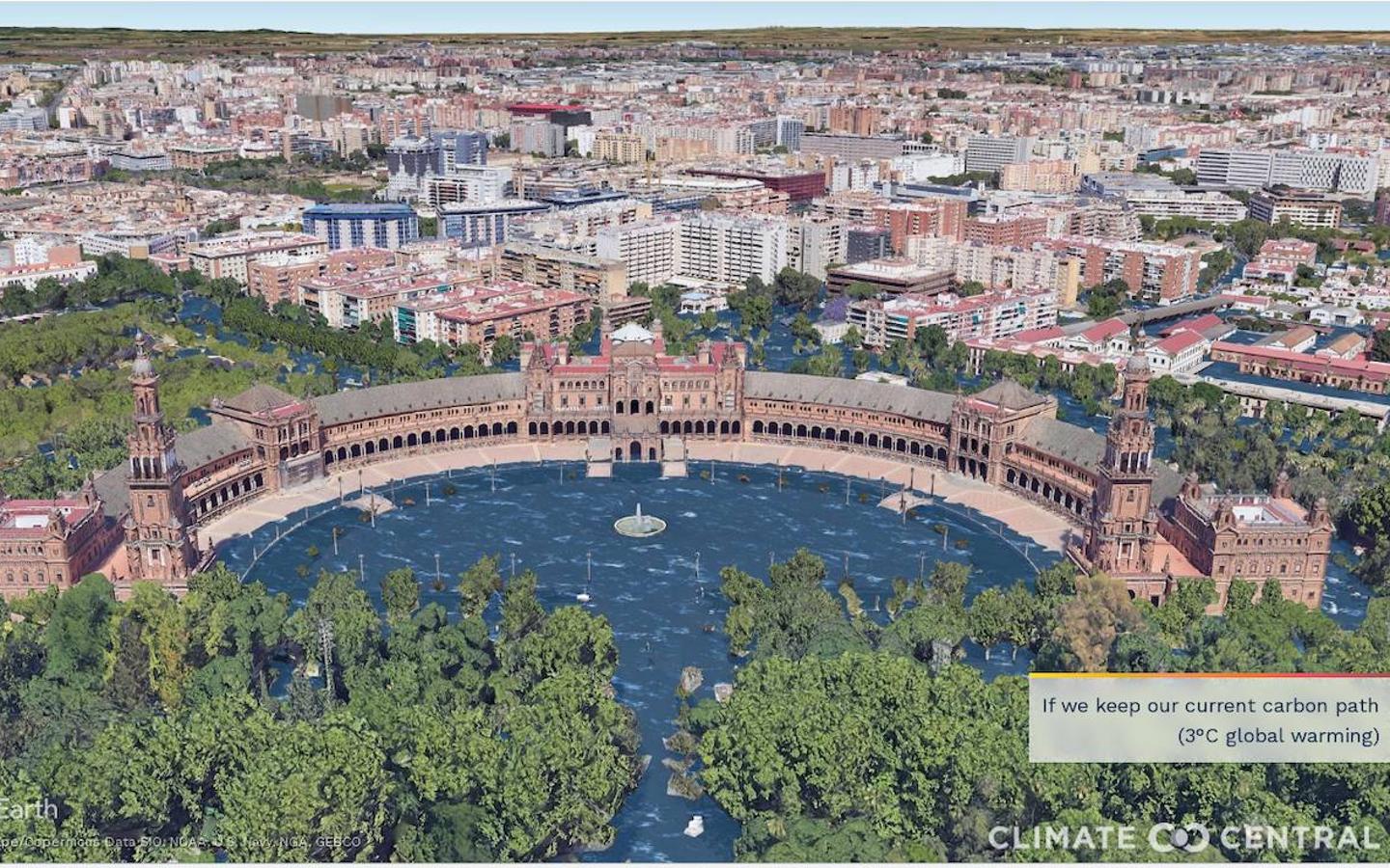 Climate Central publica una serie de ilustraciones fotorrealistas de 50 ciudades con las consecuencias del calentamiento global durante varios siglos si no se frena el cambio climático. Plaza de España (Sevilla)