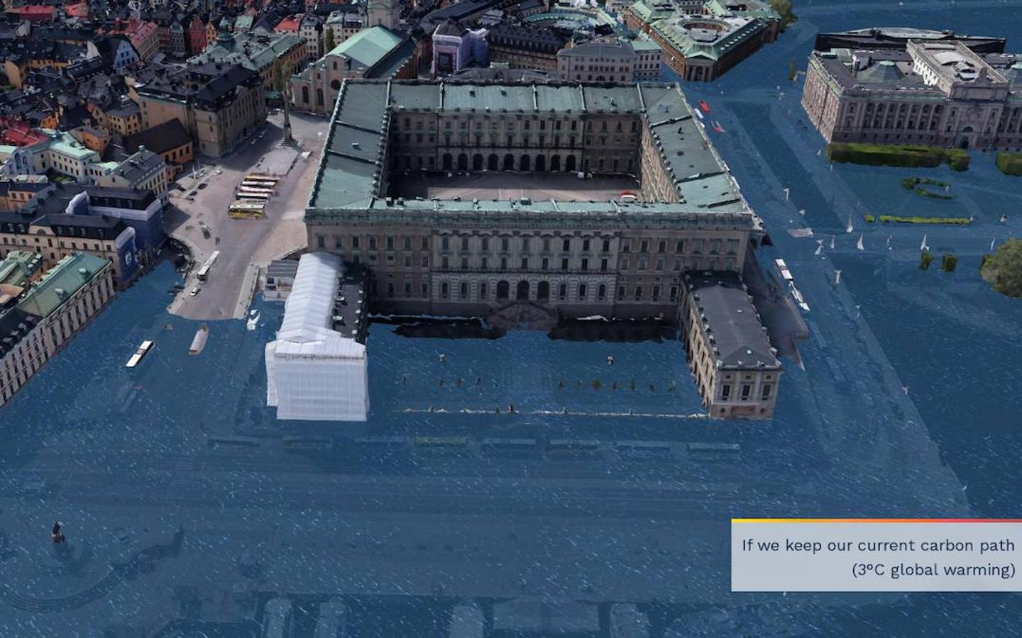 Climate Central publica una serie de ilustraciones fotorrealistas de 50 ciudades con las consecuencias del calentamiento global durante varios siglos si no se frena el cambio climático. The Royal Palace (Estocolmo)