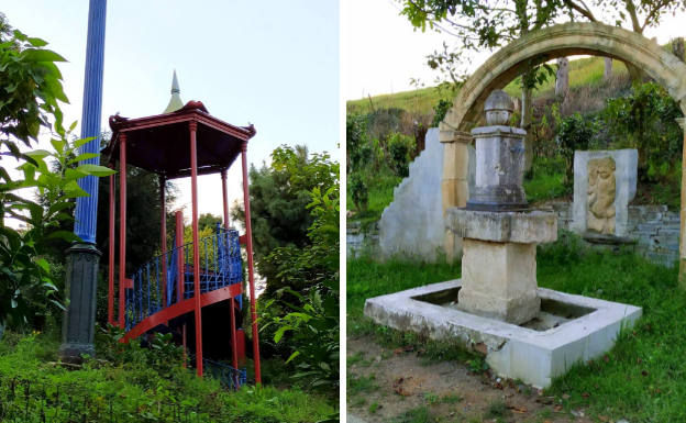 Pagoda china efectuada en Luarca hace 13 años. El gobierno chino le regaló algunos elementos antiguos a José Rivera por instalar su fábrica de Panrico adaptada en China (productos sin lactosa); y fuente del siglo XVIII procedente de Córdoba con el arco posterior de Florencia.