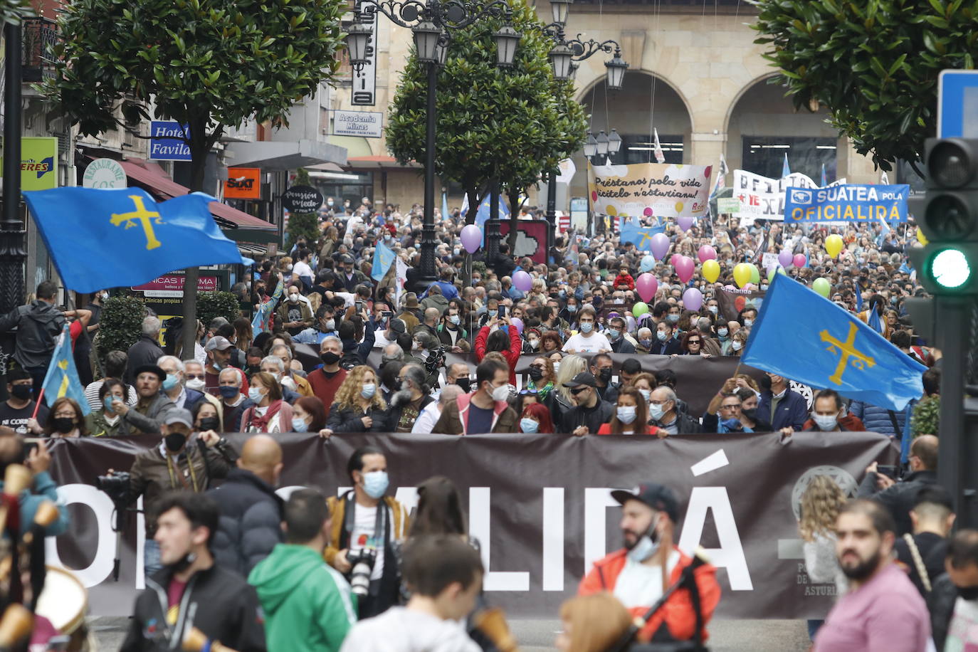 Miles de personas recorren el centro de Oviedo en la concentración por la oficialidad de la llingua. 