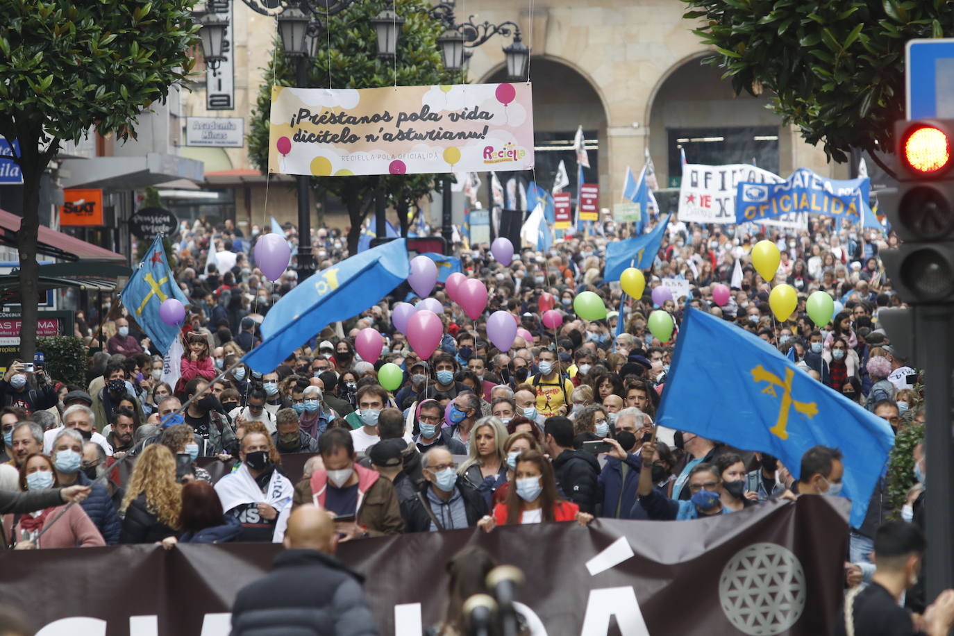 Miles de personas recorren el centro de Oviedo en la concentración por la oficialidad de la llingua. 