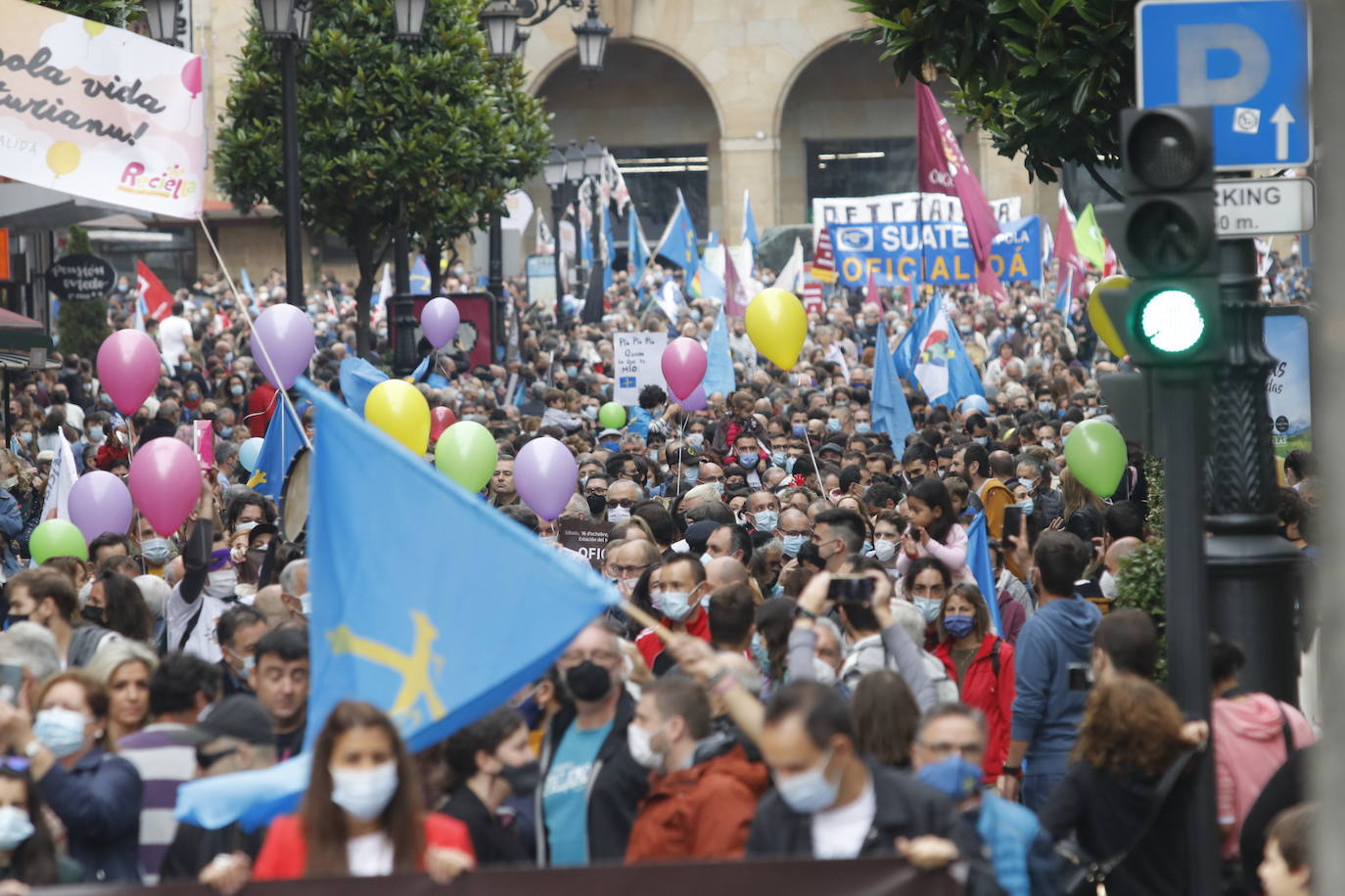 Miles de personas recorren el centro de Oviedo en la concentración por la oficialidad de la llingua. 