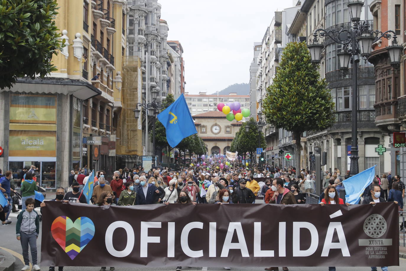Miles de personas recorren el centro de Oviedo en la concentración por la oficialidad de la llingua. 