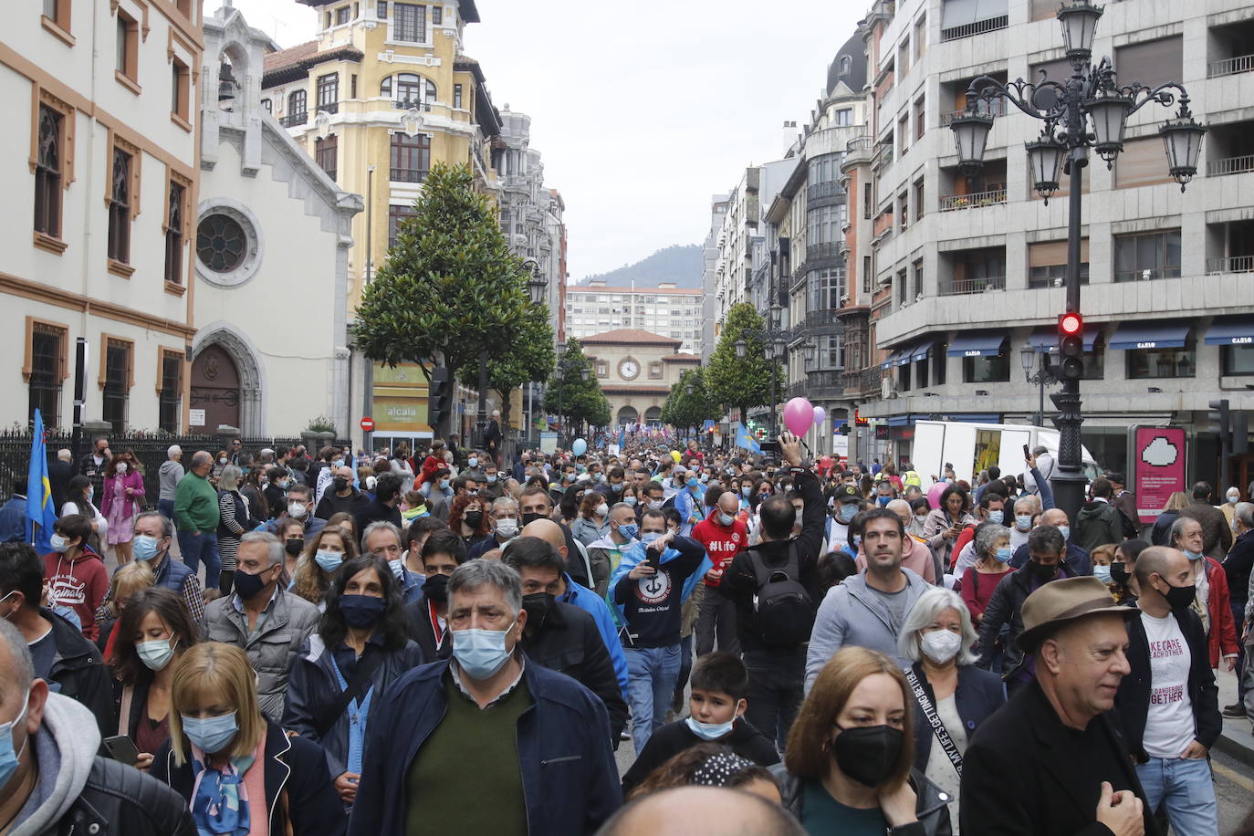 Miles de personas recorren el centro de Oviedo en la concentración por la oficialidad de la llingua. 