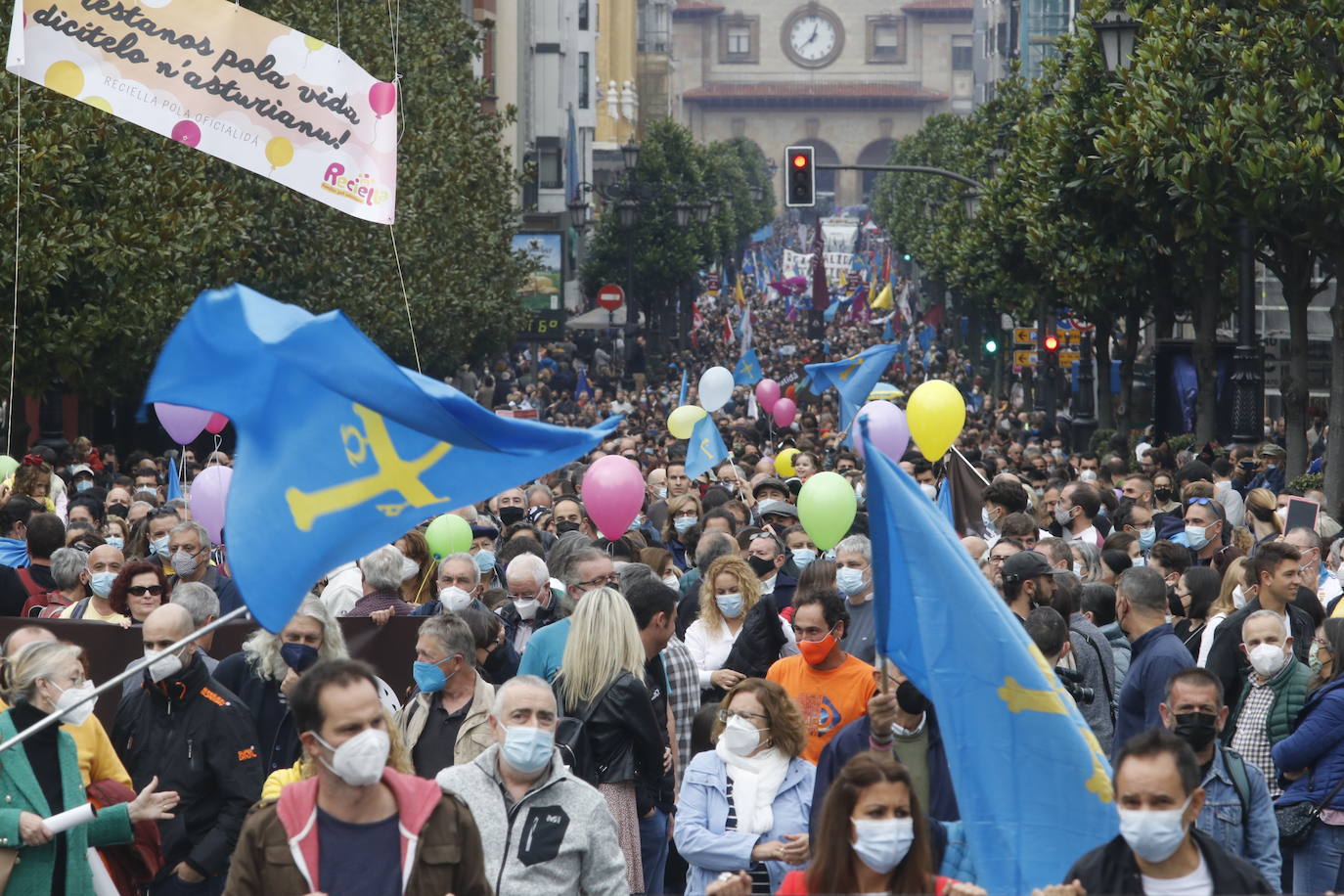 Miles de personas recorren el centro de Oviedo en la concentración por la oficialidad de la llingua. 