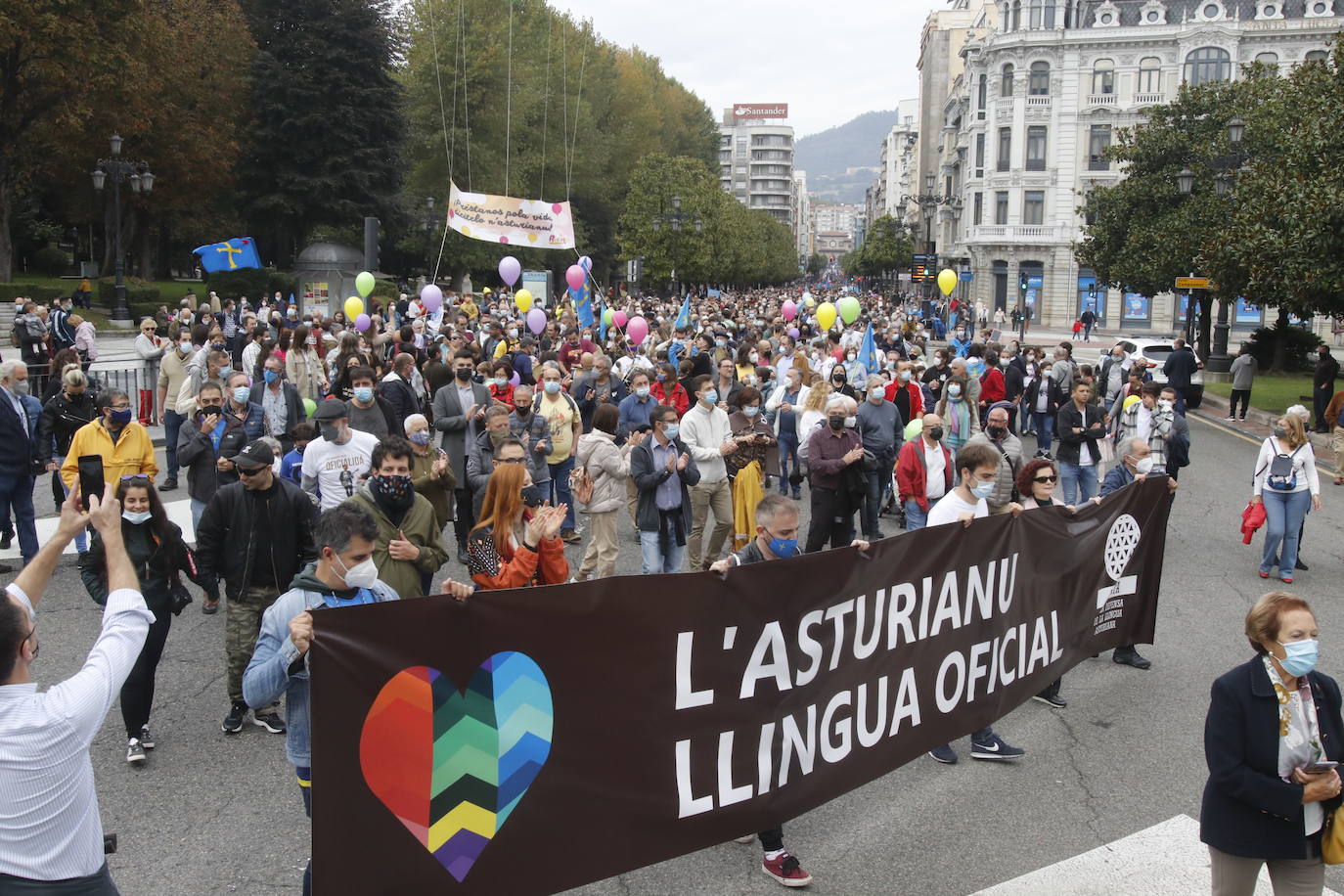 Miles de personas recorren el centro de Oviedo en la concentración por la oficialidad de la llingua. 