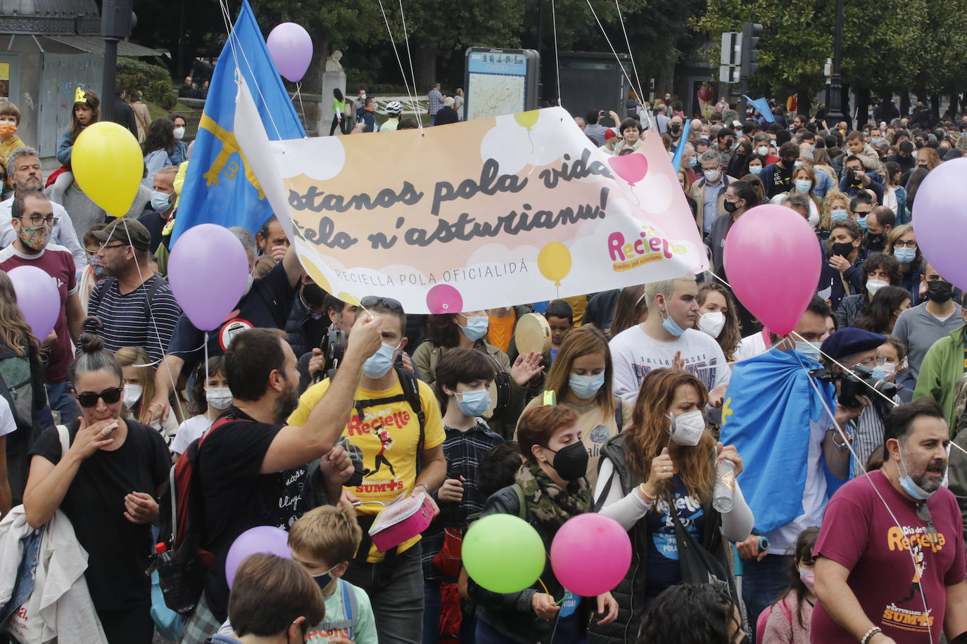 Miles de personas recorren el centro de Oviedo en la concentración por la oficialidad de la llingua. 