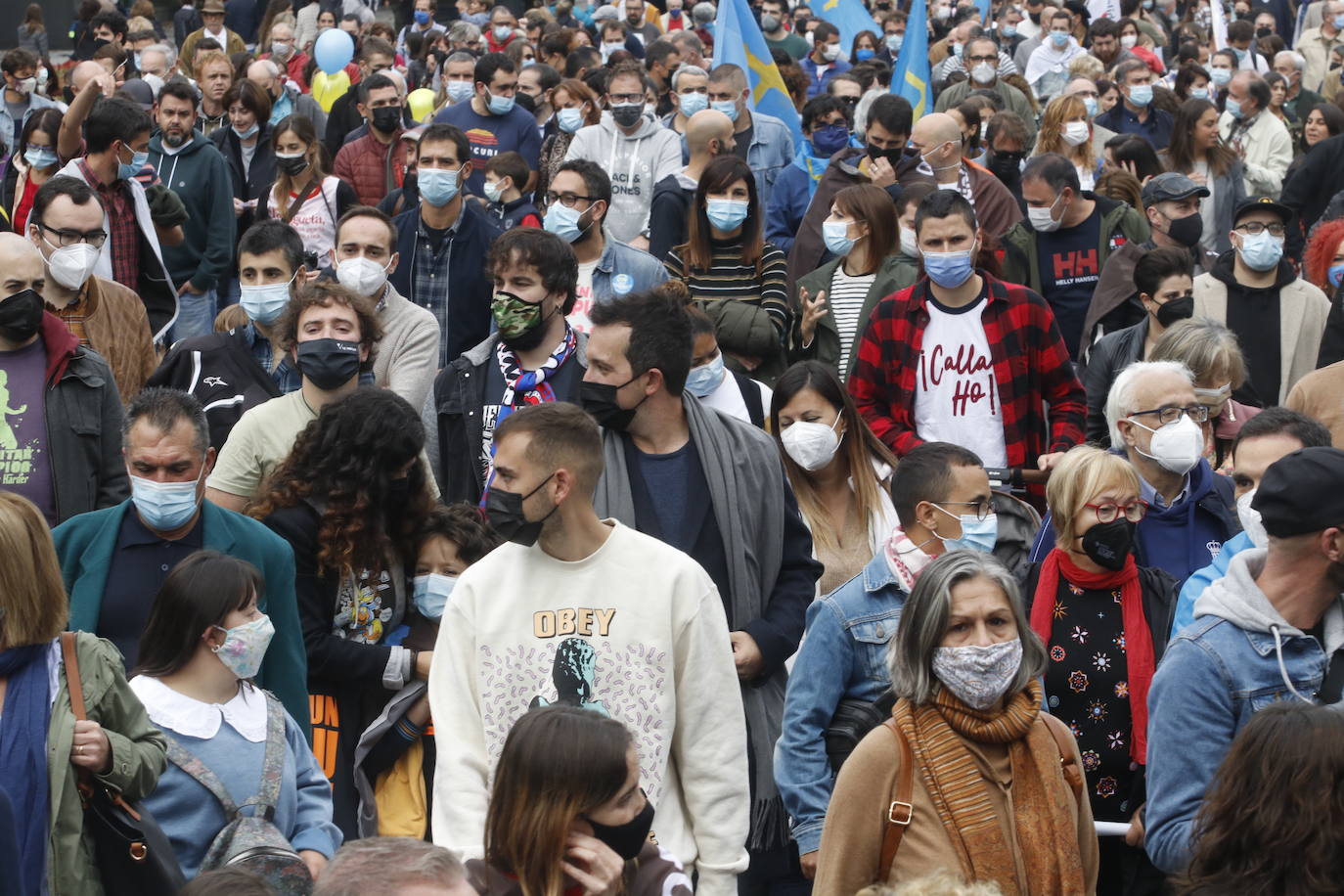 Miles de personas recorren el centro de Oviedo en la concentración por la oficialidad de la llingua. 