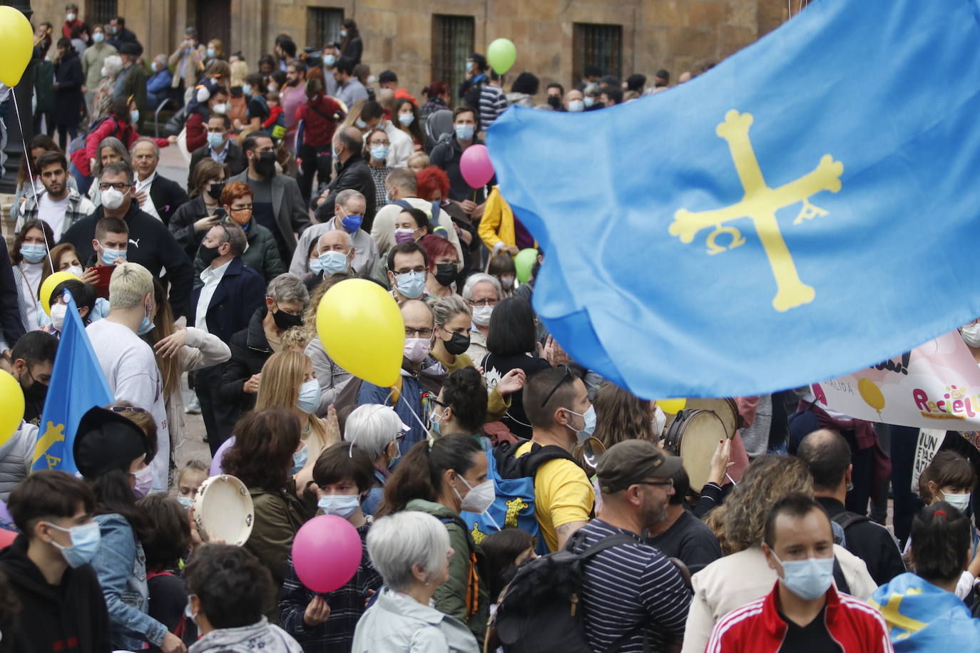Miles de personas recorren el centro de Oviedo en la concentración por la oficialidad de la llingua. 