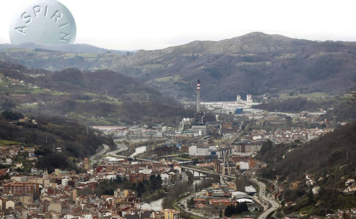 Vista de la fábrica de Bayer en La Felguera y varias imágenes de sus instalaciones y del proceso de síntesis del ácido acetilsalicílico.