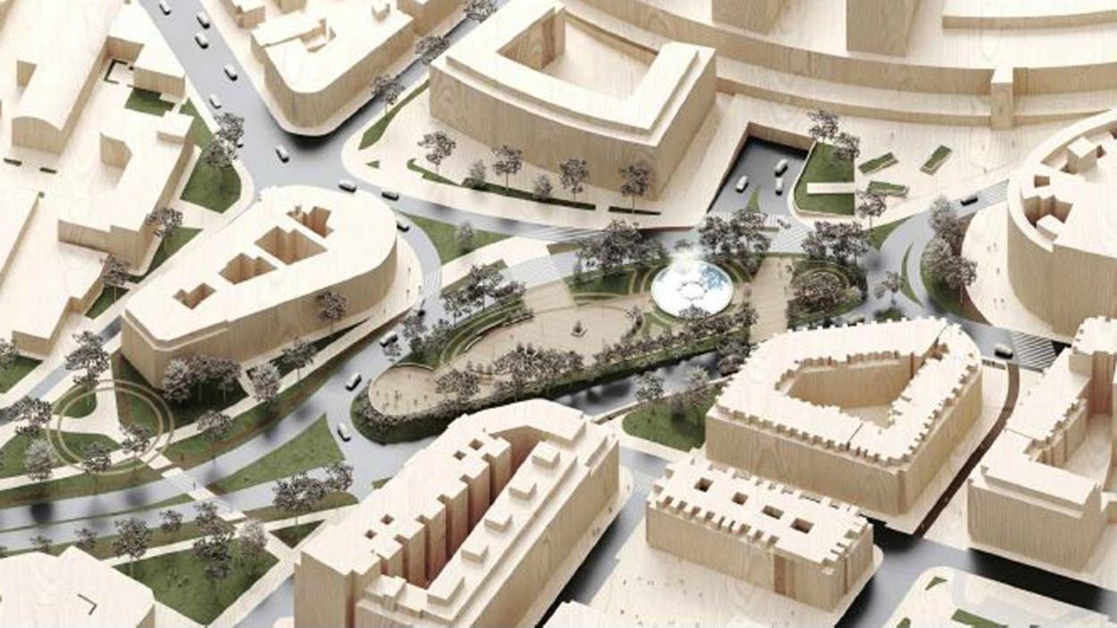 La futura ordenación de la plaza de la Cruz Roja, con el parque del Mirador del Aramo en el centro. 