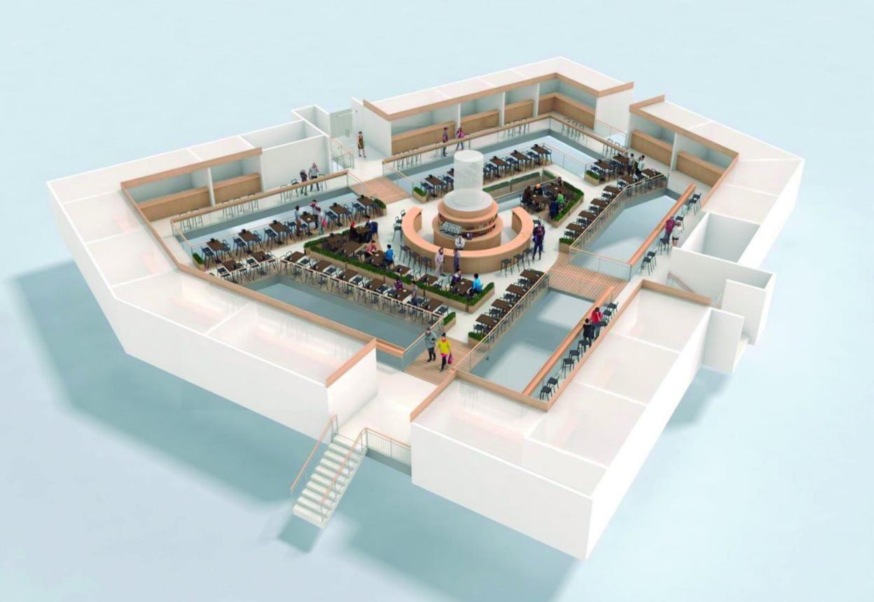 Recreación del futuro espacio. El atrio central albergará las mesas, sillas y bancos de uso común, así como una barra. Los puestos gastronómicos se situarán en torno a él.