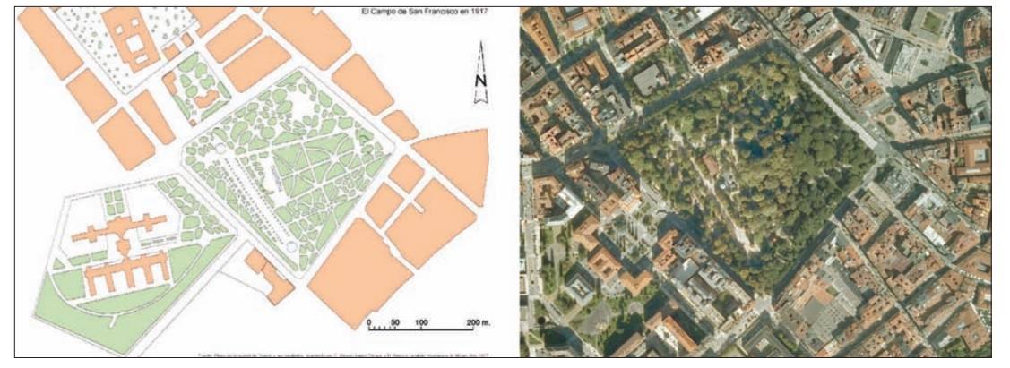 Comparativa del campo San Francisco en 1917 y su entorno próximo actualmente publicada por Tomé y Morales Matos en «Los espacios verdes en las ciudades y villas de Asturias», Ería, 2009.