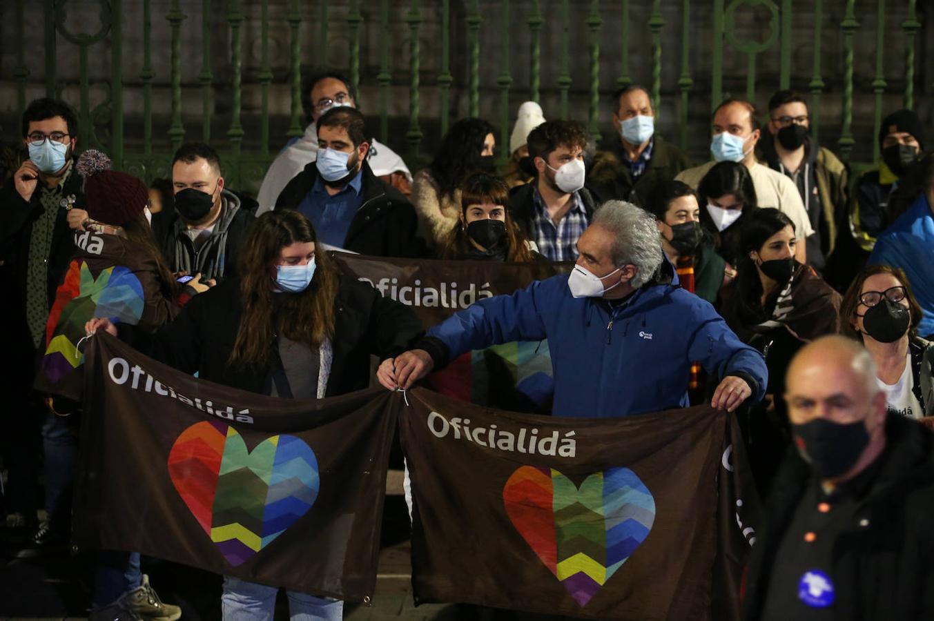 Multitud de manifestantes proclamaron su posición a favor de la oficialidad del asturiano en los alrededores de la Junta General.