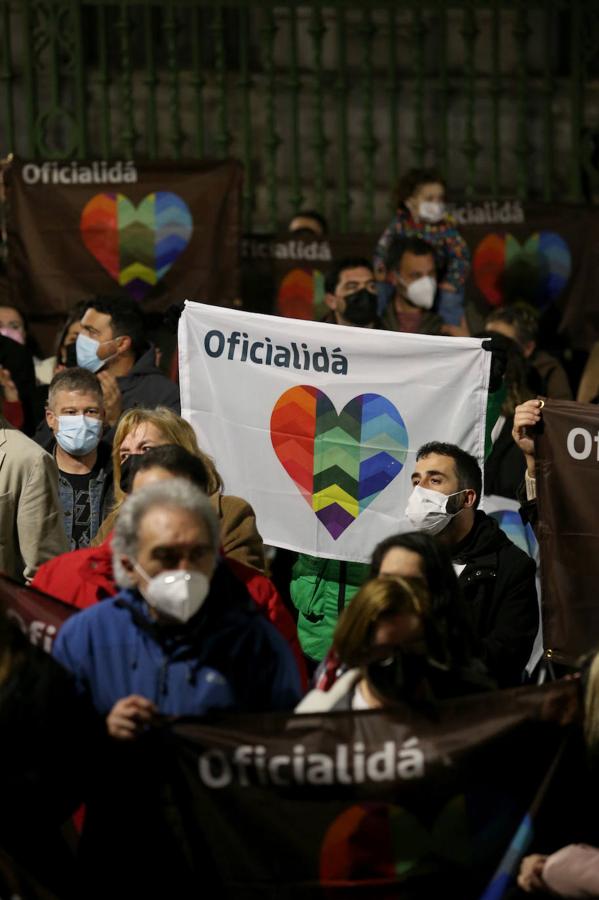 Multitud de manifestantes proclamaron su posición a favor de la oficialidad del asturiano en los alrededores de la Junta General.