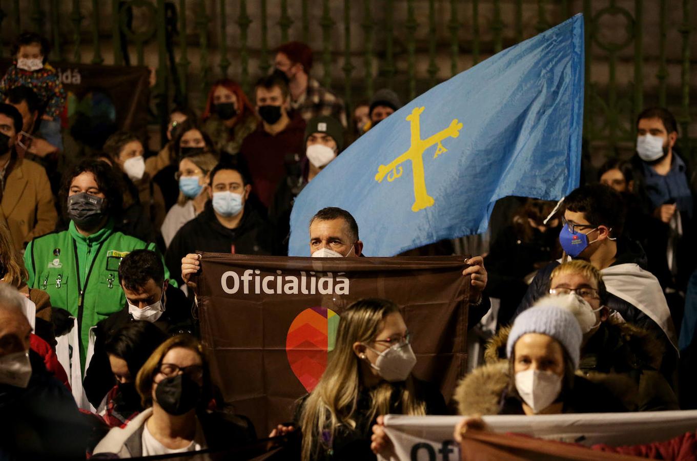 Multitud de manifestantes proclamaron su posición a favor de la oficialidad del asturiano en los alrededores de la Junta General.