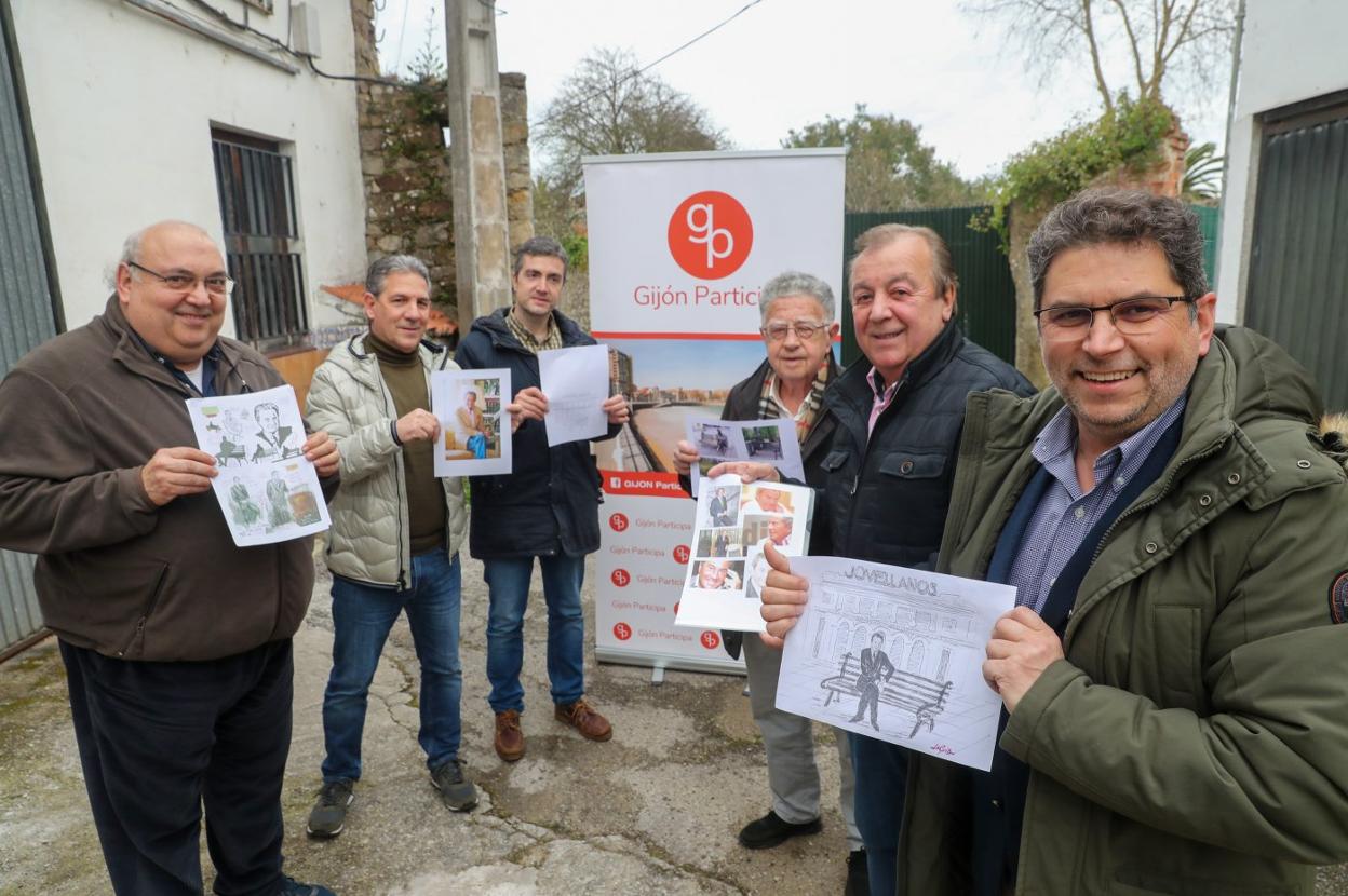 Alberto Estrada, Juan García, Juan Ansedes, Janel Cuesta, Juan Carnicero y Toño Migoya muestran bocetos del proyecto para homenajear a Arturo Fernández. 