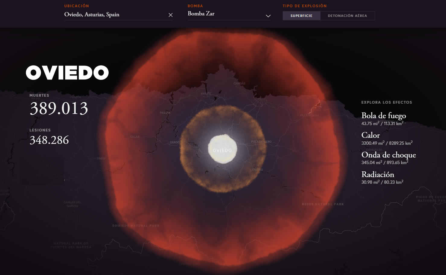 El gráfico que revela cómo impactaría la potente bomba nuclear en Oviedo