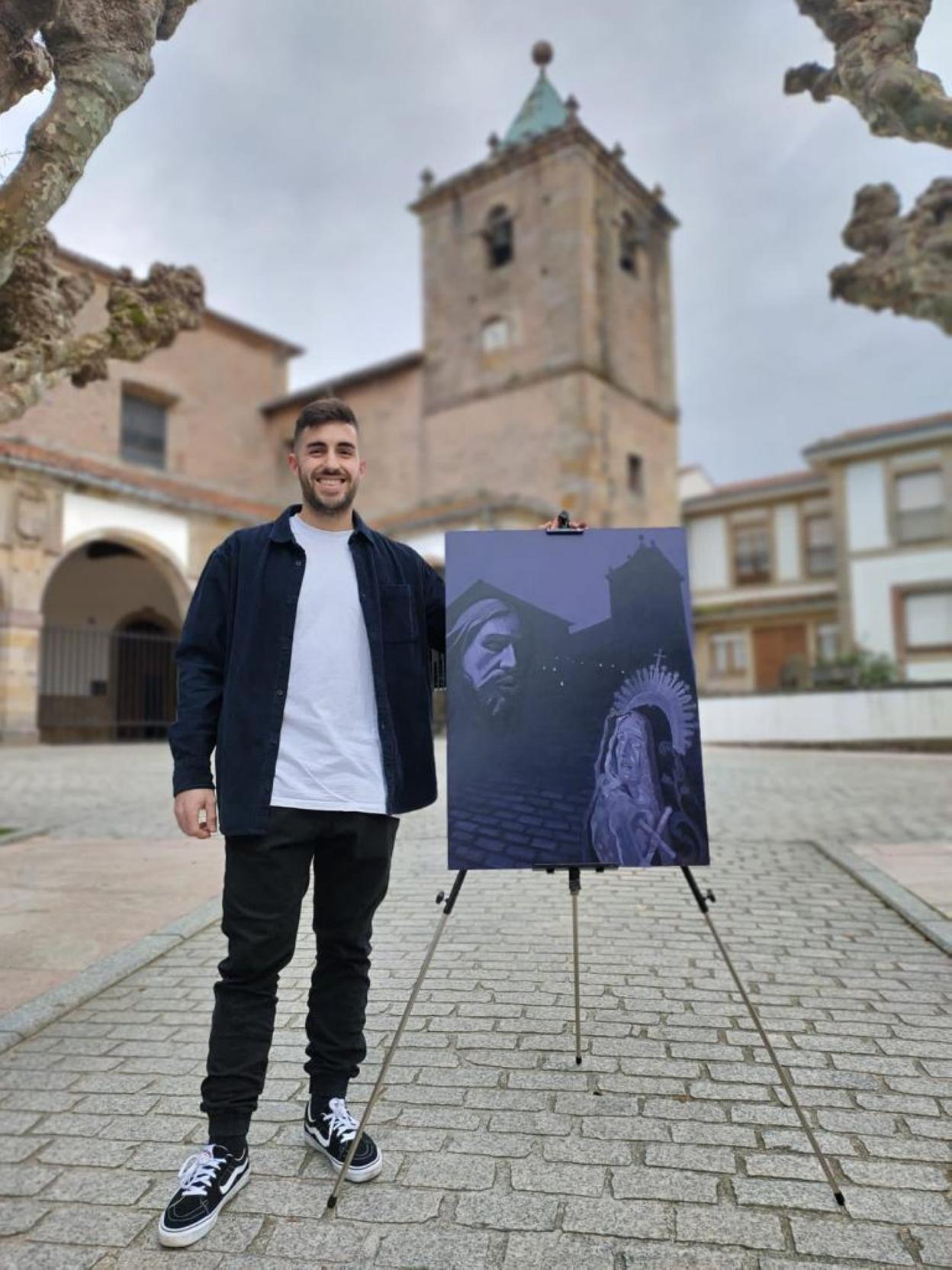 Alejandro Rodríguez posa con el lienzo realizado para el cartel de la Semana Santa de Villaviciosa. 