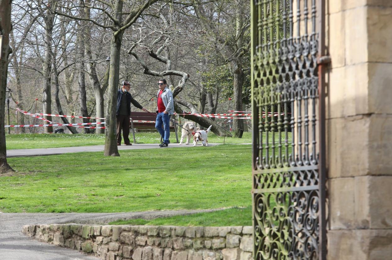 Un hombre pasea a dos perros con correa en el parque de Ferrera. 