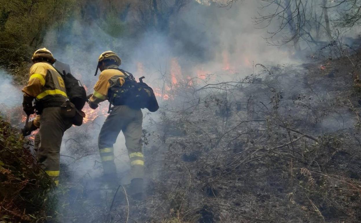 Brigadistas forestales de Tineo en el incendio de Morcín 