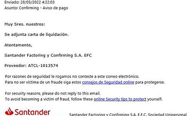 Imagen del correo electrónico malicioso.