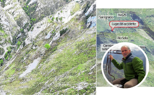 El cauce del río, visto desde San Ignacio, con el hotel del Puente Vidosa en la última curva de la carretera hacia León. Parado en la calzada, uno de los vehículos de los equipos de rescate; abajo, imagen del montañero fallecido. 