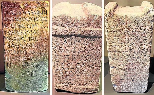 Por la izquierda, la estela funeraria de Gaio Sulpicio Ursulo, la lápida en la que figura la inscripción de Lucio Corona Severo y su esposa, Octavia Procula, y el ara votiva dedicada a Nimmedo Seddiago.