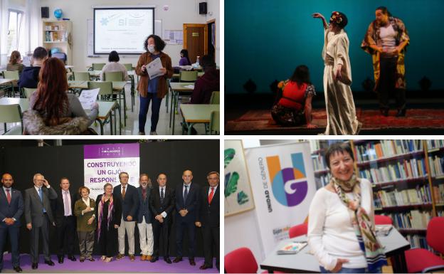 Imágenes del Centro de Educación para Personas Adultas (CEPA), la compañía Quiquilimón en una actuación, la Fundación Alpe con varios de sus miembros y la trabajadora Felisa Soria.