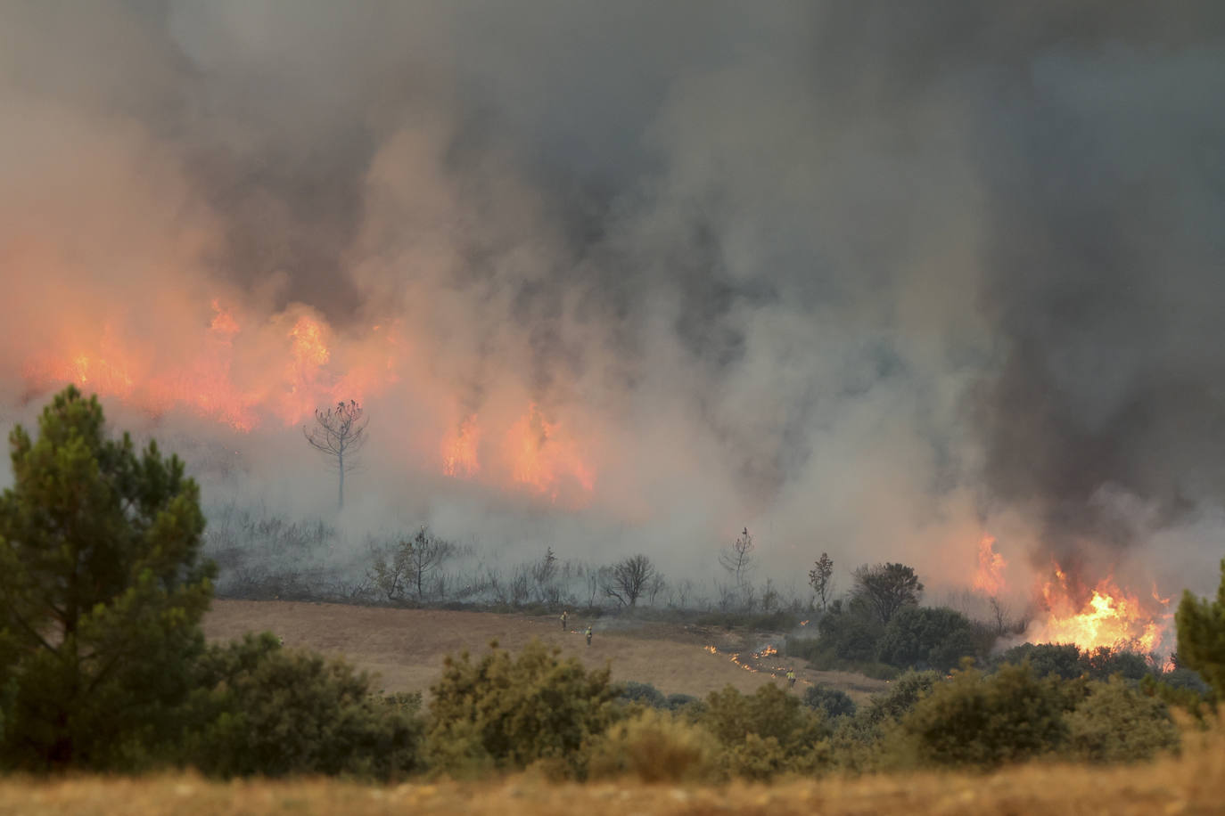 Salamanca. Un operativo de unas mil personas trabajan para estabilizar el incendio en la zona de Monsagro. Unas labores que se desarrollan pendientes del viento, las altas temperaturas y las posibilidades de inversión térmica que pueden producirse y complicar la situación. En la zona de Monsagro se han visto afectadas más de 2.500 hectáreas.