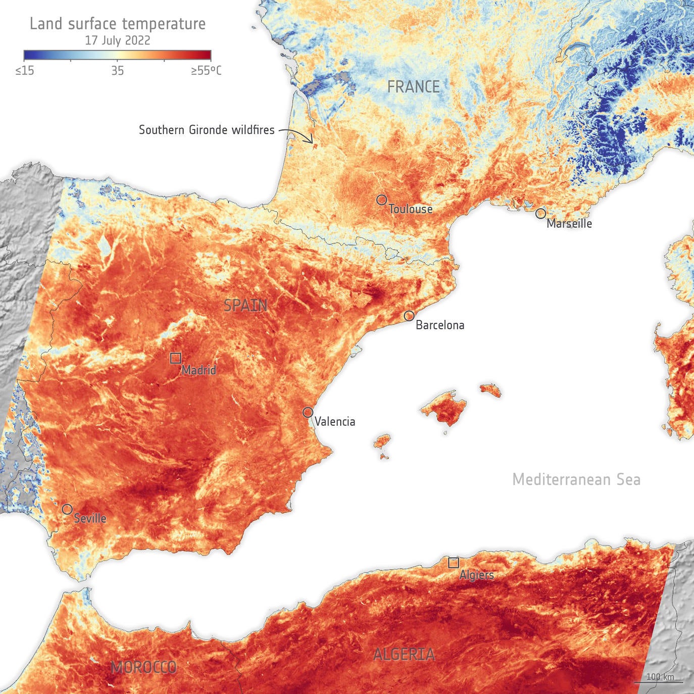 Temperatura de la superficie terrestre en Francia, España y parte de Algeria.