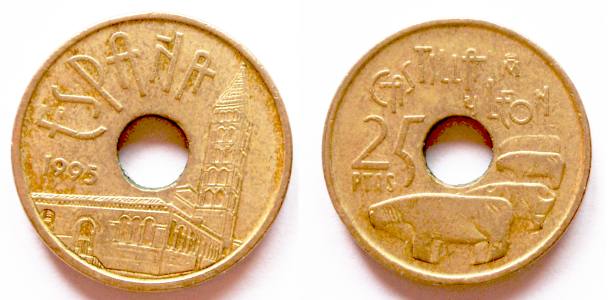 Imagen de arvhivo de una moneda de 25 pesetas (1995)