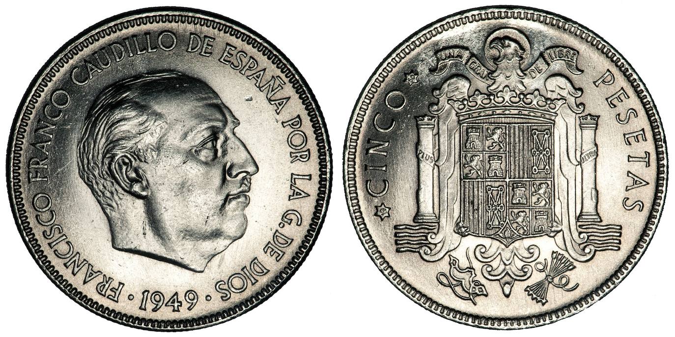 Imagen de archivo de una moneda de cinco pesetas (1949)