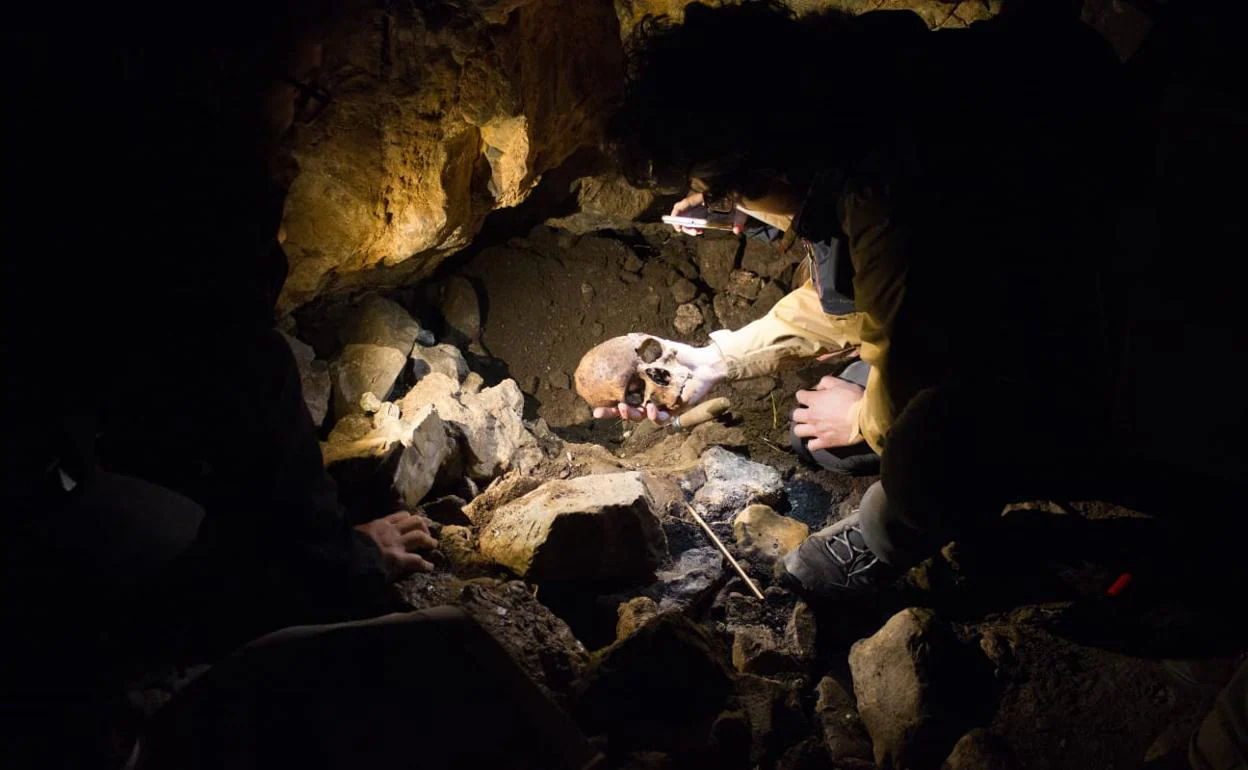 El antropólogo forense Erik Adrian Borja Miranda sosteniendo un cráneo humano de hace 3.500 años