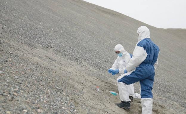 Dos investigadores toman muestras de sedimento en Groenlandia.