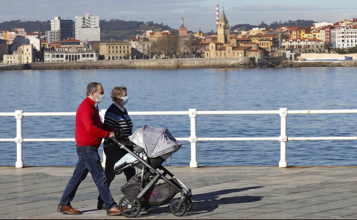 Dos abuelos pasean a su nieto por el paseo de la avenida de José García Bernardo, en Gijón. 