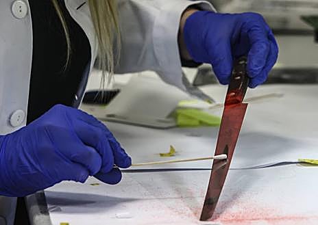 Imagen secundaria 1 - En la primera imagen, búsqueda de huellas mediante una potente luz tras la aplicación de sustancias reveladoras. Debajo, recogida de perfiles de ADN en un cuchillo y colocación testigos para marcar una huella.