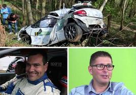 Arriba, el vehículo accidentado. Abajo a la izquierda, el piloto Julio César Castrillo y a la derecha, el copiloto Francisco Javier Álvarez.