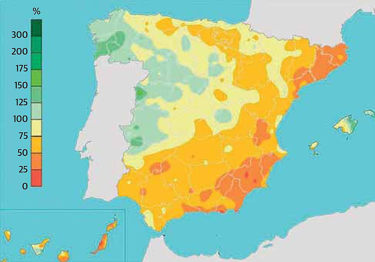 Lluvia acumulada en el año hidrológico en % sobre la media 1991-2020.