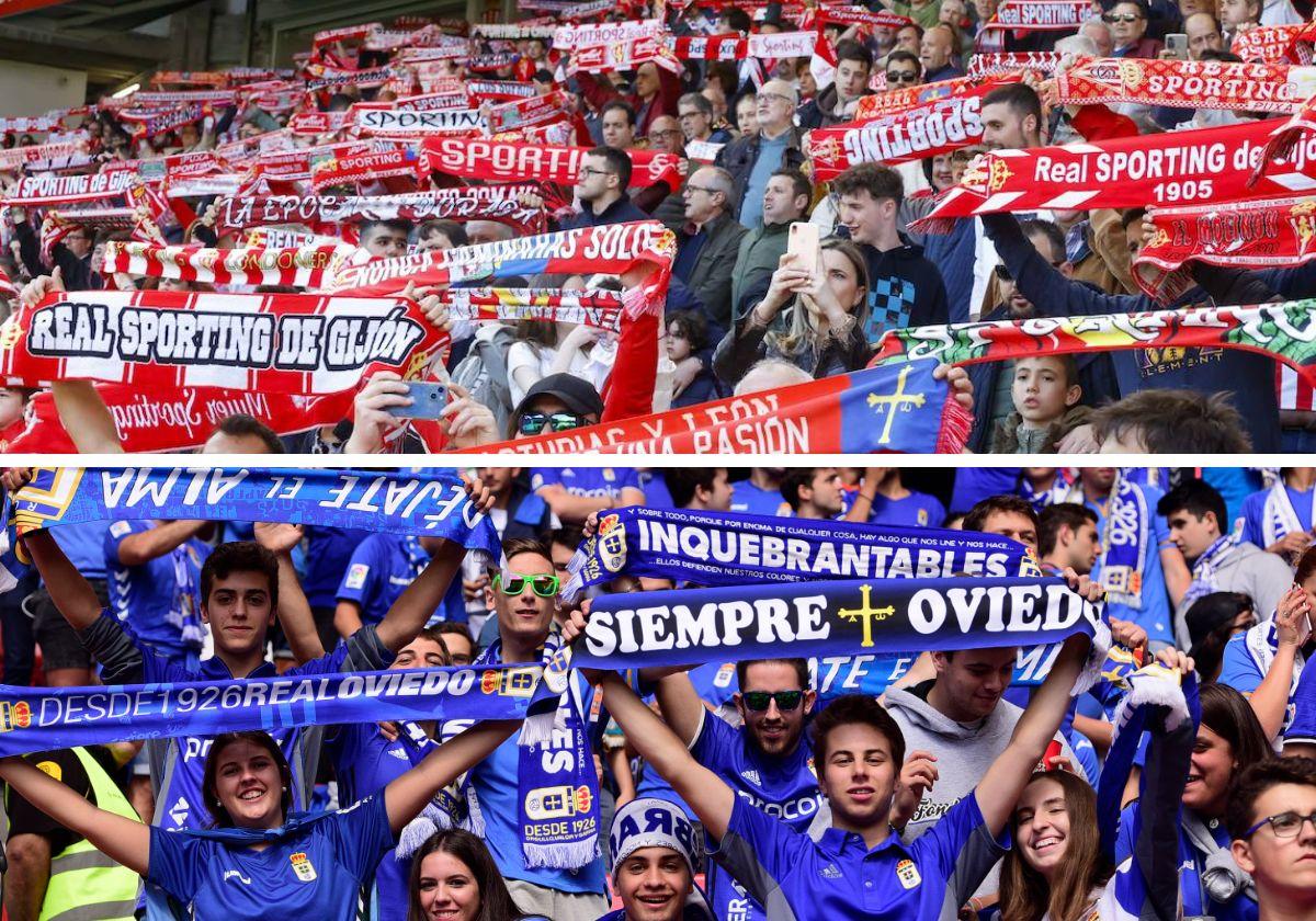 Aficionados del Sporting y Real Oviedo, en pasados derbis.