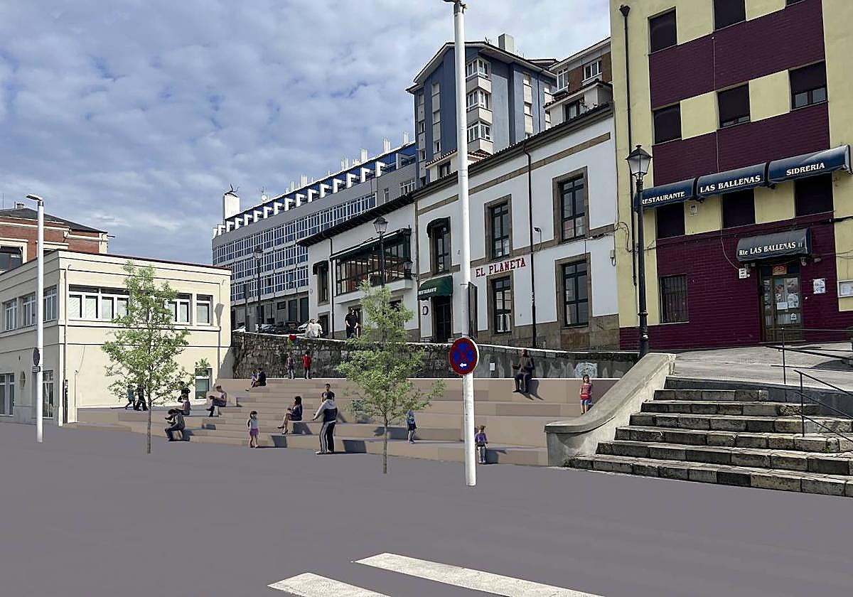 Imagen de la Cuesta del Cholo con la reproducción de la grada que Foro propone crear en esta zona de Cimavilla.