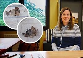 La alcaldesa de Ponga, Marta Alonso. Arriba, las dos cabezas de lobo que aparecieron en las escaleras del Ayuntamiento de Ponga.