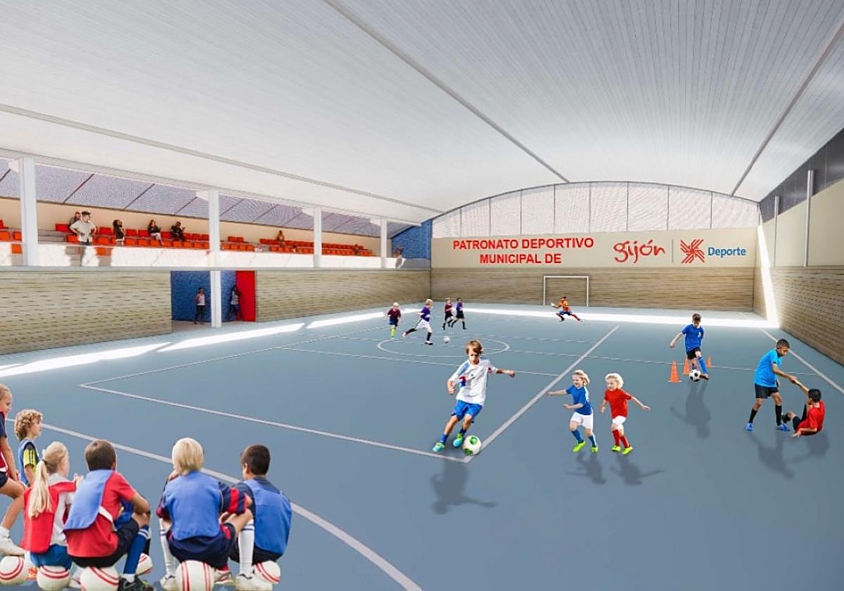 Infografía del interior de un Pabellón Educativo Comunitario.