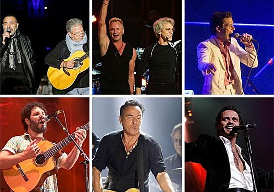 De izquierda a derecha y de arriba abajo: Nuberu, The Police, The Killers, Kanka, Springsteen y Marc Anthony